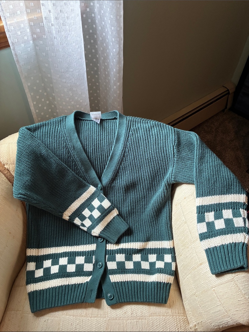 Hanna Anderson girls  oversized Check-Trim Cardigan Sweater
